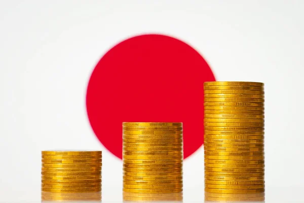 Three Stacks Golden Coins Background Flag Japan Rise Economy Country — Stock Photo, Image