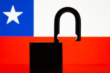 Silhouette of open lock against flag of Chile. Conceptual photo of open country Chile to the world, end of sanctions, isolation, embargo