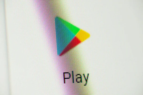 Google Play application icon on screen of computer. Downloading app through online store concept. Chernihiv, Ukraine - 15 January 2022