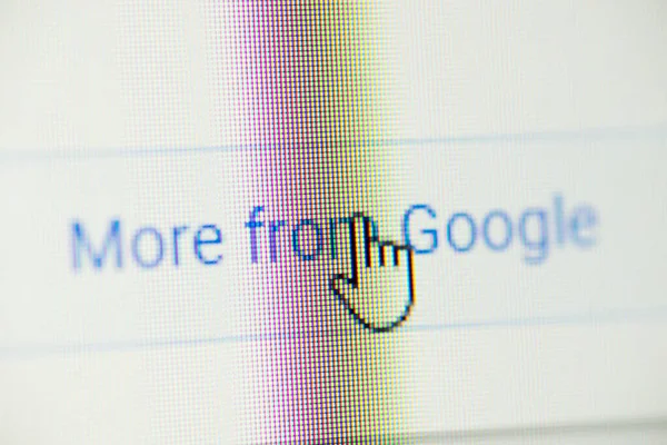 Mouse cursor clicking on More from Google words link. Finding out more information about company and cevices of Google. Chernihiv, Ukraine - 15 January 2022