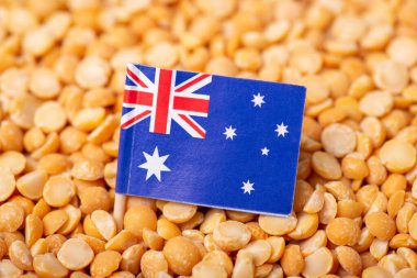 Flag of Australia on pea grains. Growing pea in Australia concept, origin of grain