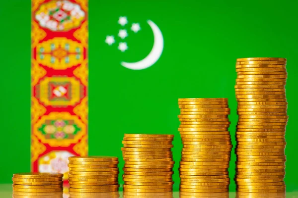 Stacks Golden Coins Flag Turkmenistan Background Financial Development Turkmenistan Economy — Stock Photo, Image