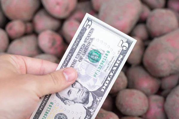 Dollar Banknote Hand Man Background Potatoes Paying Money Food Prices — ストック写真