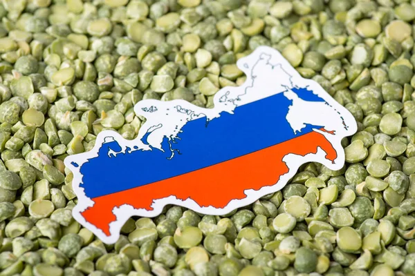 Close up shot of flag and map of russia on green dry pea. Concept of growing pea in russia, origin of grown seed