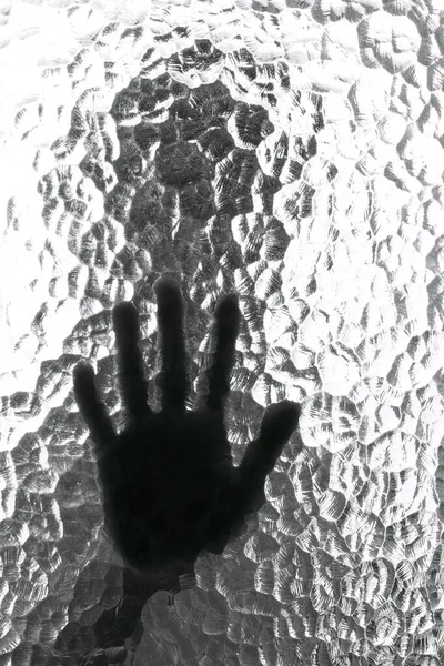The silhouette of the person and its hand behind the door with the textured glass