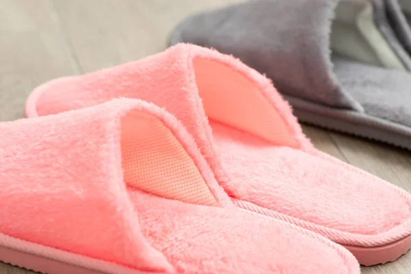 Close Shot Pink New Slippers Fur Floor Bed Home Shoes — Photo