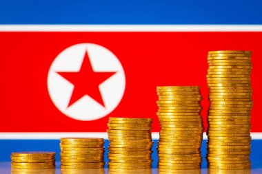 Money coins stacks in rising order in front of North Korea flag. Development of economy of North Korea concept