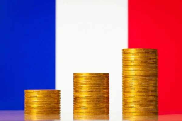 Money coins stacks in rising order in front of France flag. Development of economy of France concept