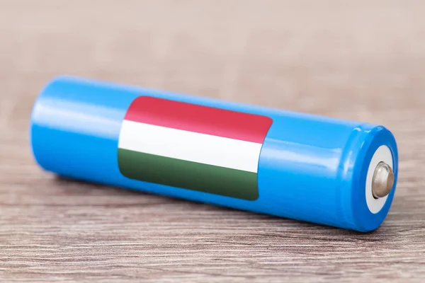 Flag of Hungary on 18650 li-ion battery. Producing rechargeable accumulators in Hungary concept