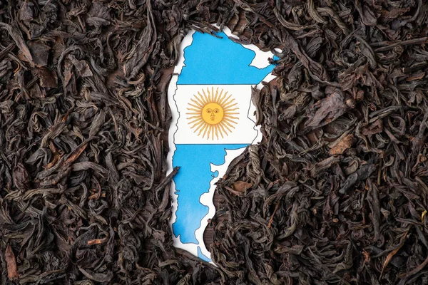 Map of Argentina surrounded by dried black tea leaves, close up. Concept of tea business in Argentina