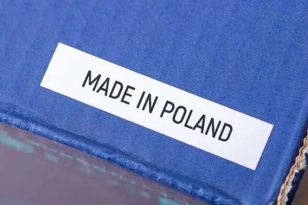 Primo Piano Scatola Blu Scarpe Con Iscrizione Made Poland Produzione — Foto Stock