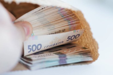 İçinde bir yığın Ukrayna Hrivniası olan kağıt torba, el yordamıyla banknotlara bakıyor. Rüşvet, ganimet, aracılık kavramı