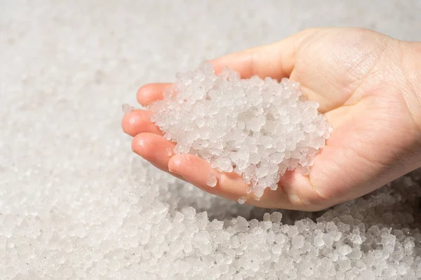 Hail Hands Woman Ground Completely Covered Ice Hail — Stock Photo, Image