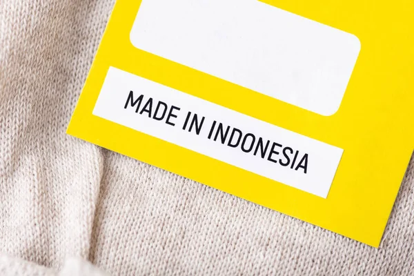Επιγραφή Made Indonesia Λινά Ρούχα Κλείστε Παραγωγή Εξαγωγή Και Εισαγωγή — Φωτογραφία Αρχείου