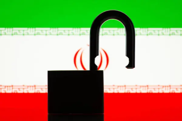 Silhouette of open lock against flag of Iran. Concept of Iran open to the world, close relationships in trade, politics with other countries