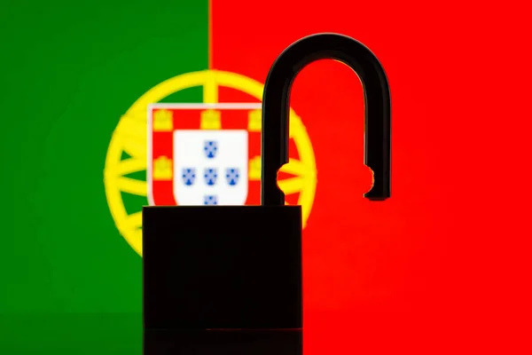 Open lock against flag of Portugal, close relationships concept. Portugal open to the world, freedom