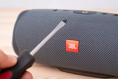 Chernihiv, Ukrayna - 23 Eylül 2023: JBL Şarj Gerekli 2 hoparlörünün yanında elinde tornavidayla bir adamın eli. JBL hoparlörünü tek başına düzeltme kavramı