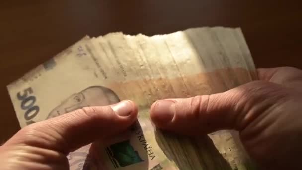 Vídeo Câmera Lenta Homem Olhando Através Grande Pilha Dinheiro Hryvnia — Vídeo de Stock