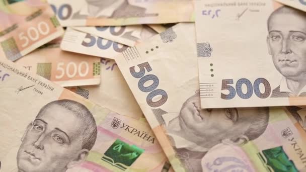 Many 500 Hryvnia Banknotes Table Footage Hryvnia Bills Much Ukrainian — Stock Video