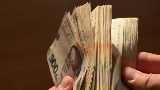 Het Tellen Van Grote Stapel Oekraïense Geld Hryvnia Man Zoek — Stockvideo