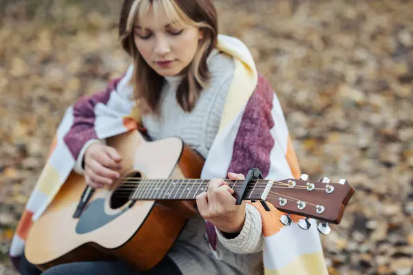 Young Girl Play Guitar Outdoors Smiling Beautiful Girl Covered Warm — Stock Photo, Image