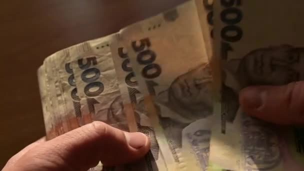 Man Die Oekraïense Hryvnia Bankbiljetten Telt Grote Som Geld Het — Stockvideo