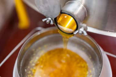 Bal sökücüden çifte temizlik filtresinden akan olgun bal. Profesyonel arıcılık malzemesi ve taze yaz balı kullanarak bal toplayın.