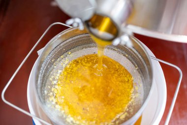 Filtreleme tüm balmumu kesirlerini yakalamak için çift filtreden bal topladı. Altın ayçiçeği hasadı. Bal. Elektrikli sökücüden kovaya filtrelerle doldurmak.