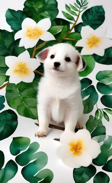 cute dog with flowers on white background
