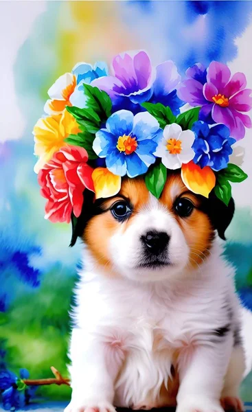 dog with flowers in the garden