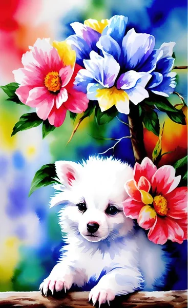 dog with flowers in the garden