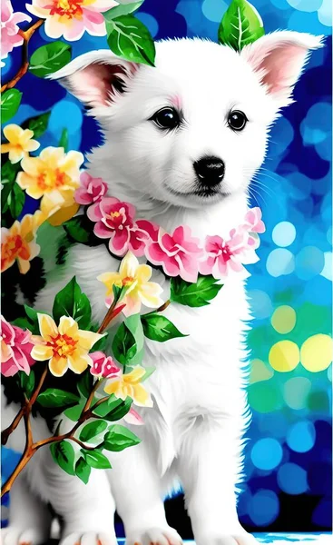 cute dog with flowers in the garden