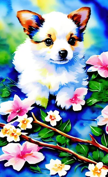 dog with flowers and butterflies