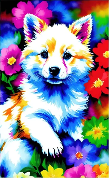 cute cartoon dog with flowers
