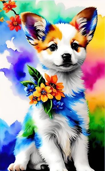 dog with flowers and butterflies