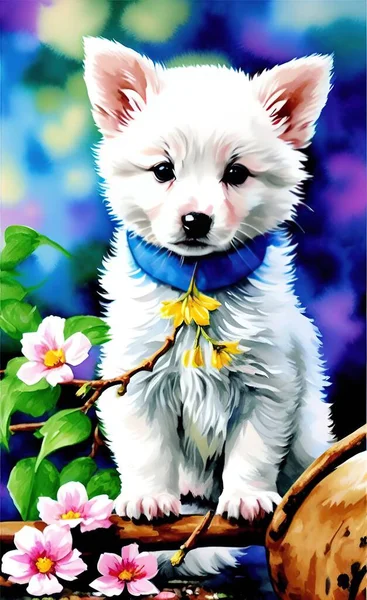 cute dog with flowers on the grass