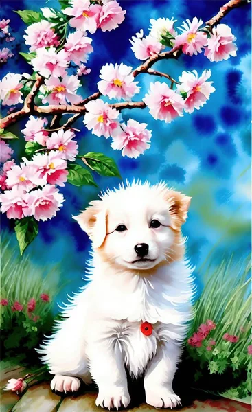 cute dog with flowers on a background of blue sky