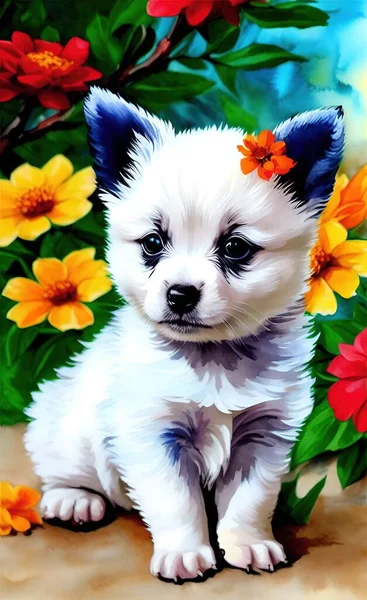 cute dog with flowers in the garden