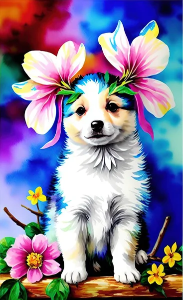 cute dog with flowers and butterflies