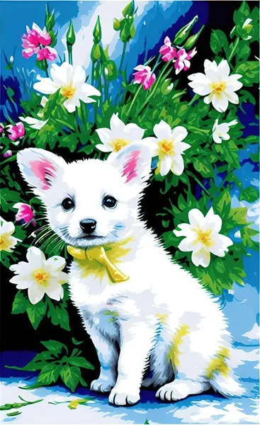 cute dog with flowers and a bouquet of daisies