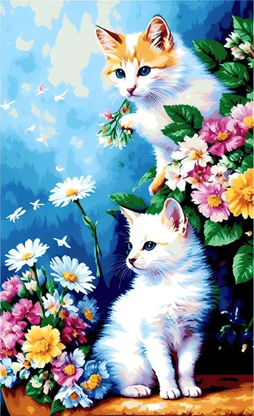 cute cat with flowers and butterflies