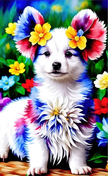 dog with flowers and a bouquet of daisies