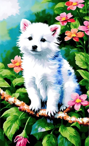 dog with flowers and leaves