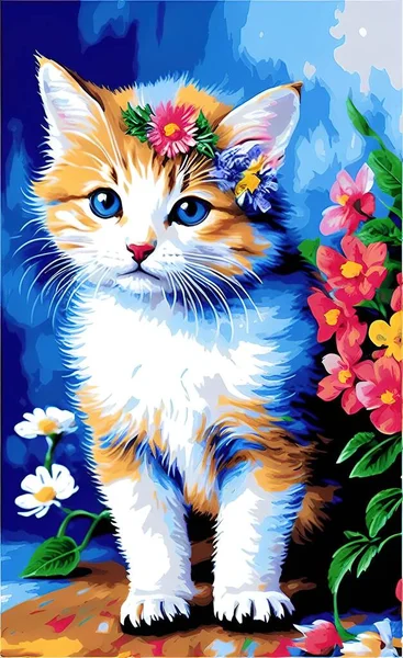 cat with flowers and leaves