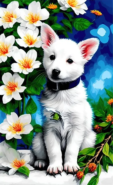 dog with flowers and leaves of the meadow