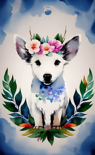 cute dog with flowers and leaves
