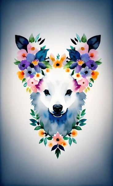 cute dog with flowers and leaves, vector illustration
