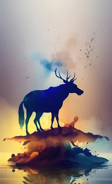 beautiful night landscape with a deer and a mountain