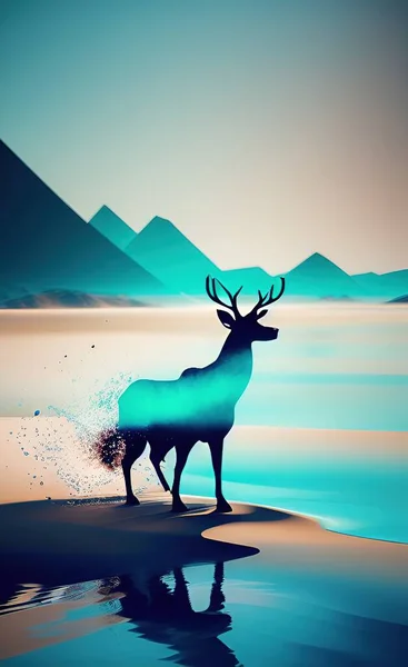 silhouette of a deer with a mountain landscape