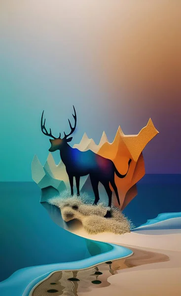 christmas card with a deer and a mountain